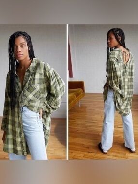 We The Free Free People Olive Plaid Button Down Shirt Tunic Dress